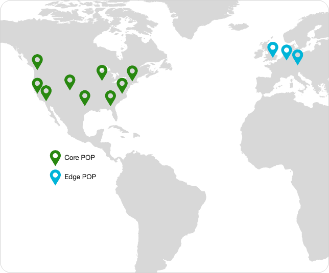 Map showing locations of Bigleaf Networks’ Core and Edge POPs in North America and Europe.