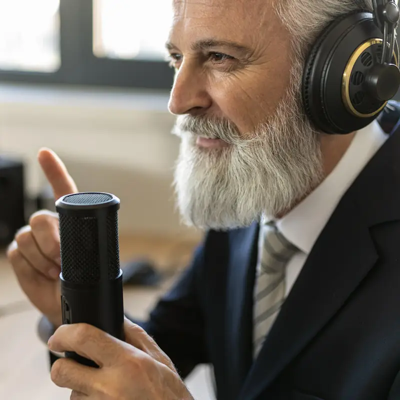 Professional podcast host in studio wearing headphones and speaking into a microphone