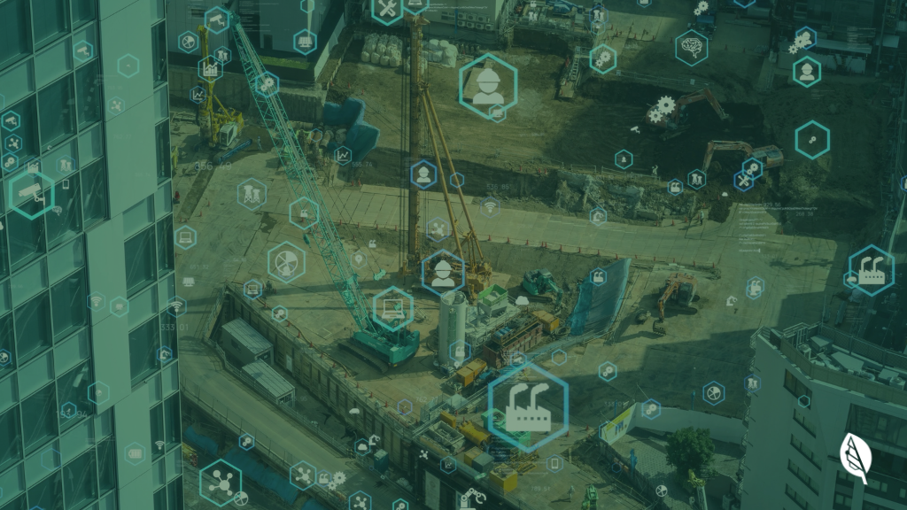 Construction technology challenges visualized at an urban build site with digital overlays and connectivity icons