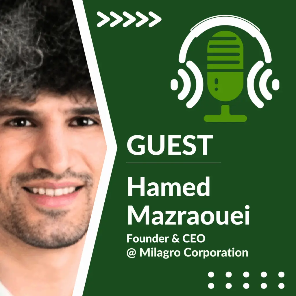 Headshot of Hamed Mazrouei, Founder and CEO of Milagro Corporation, with podcast branding and guest title